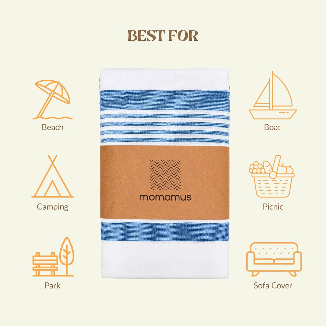 MOMOMUS Stranddecke Sandfrei XXL im Fouta-Stil – mit Boho-Abschluss, Leicht und Kompakt – Grosse Str