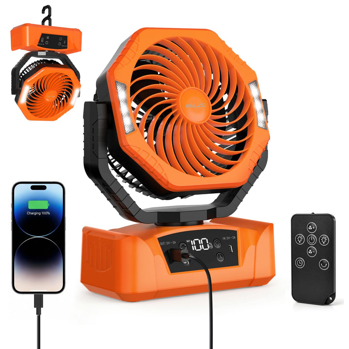 ELZO 20000mAh Camping Ventilator, Wiederaufladbarer Tischventilator USB Ventilator mit LED Licht & H