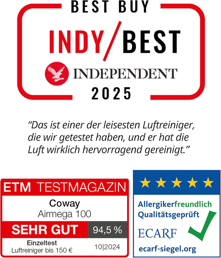 Coway Airmega 100 Energieeffizienz Luftreiniger Allergiker, langlebiger HEPA Luftfilter, superleiser