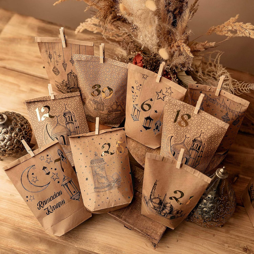 Papierdrachen DIY Ramadan Kalender zum Befüllen - Bedruckte Kraftpapiertüten - 30 Geschenktüten zum