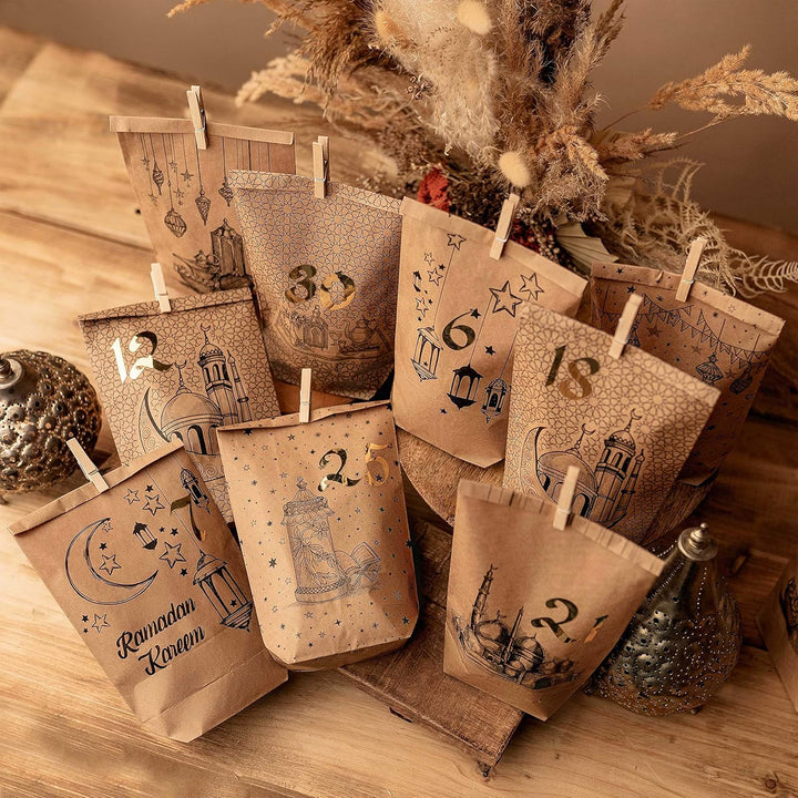 Papierdrachen DIY Ramadan Kalender zum Befüllen - Bedruckte Kraftpapiertüten - 30 Geschenktüten zum