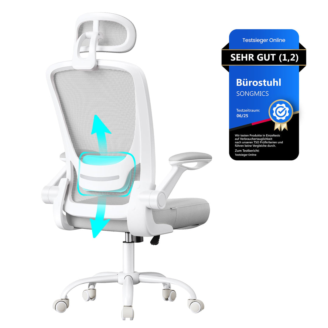SONGMICS Bürostuhl ergonomisch, Drehstuhl mit Mesh, Lenden- und Kopfstütze, Wippfunktion, 53 cm gros