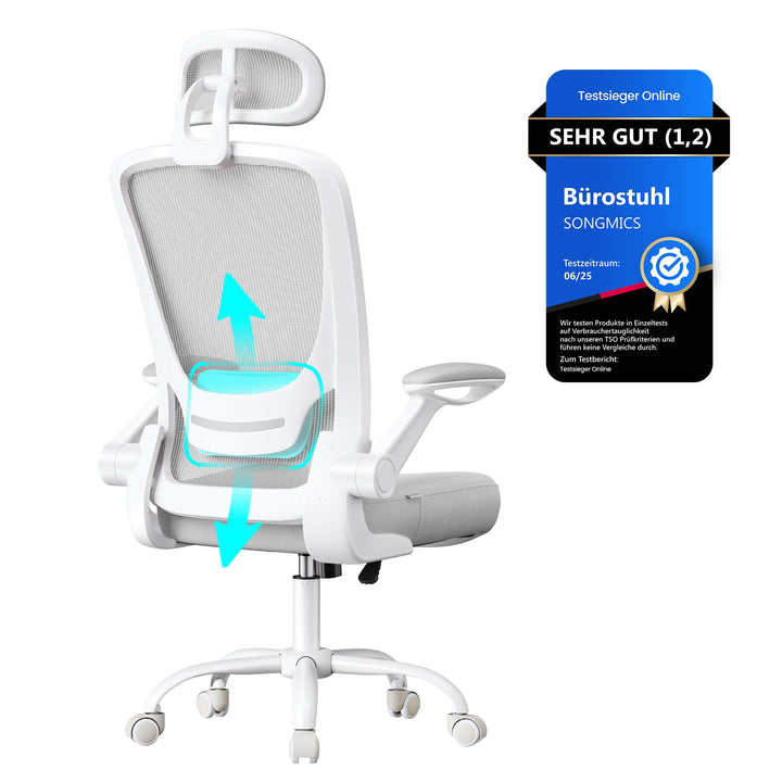 SONGMICS Bürostuhl ergonomisch, Drehstuhl mit Mesh, Lenden- und Kopfstütze, Wippfunktion, 53 cm gros