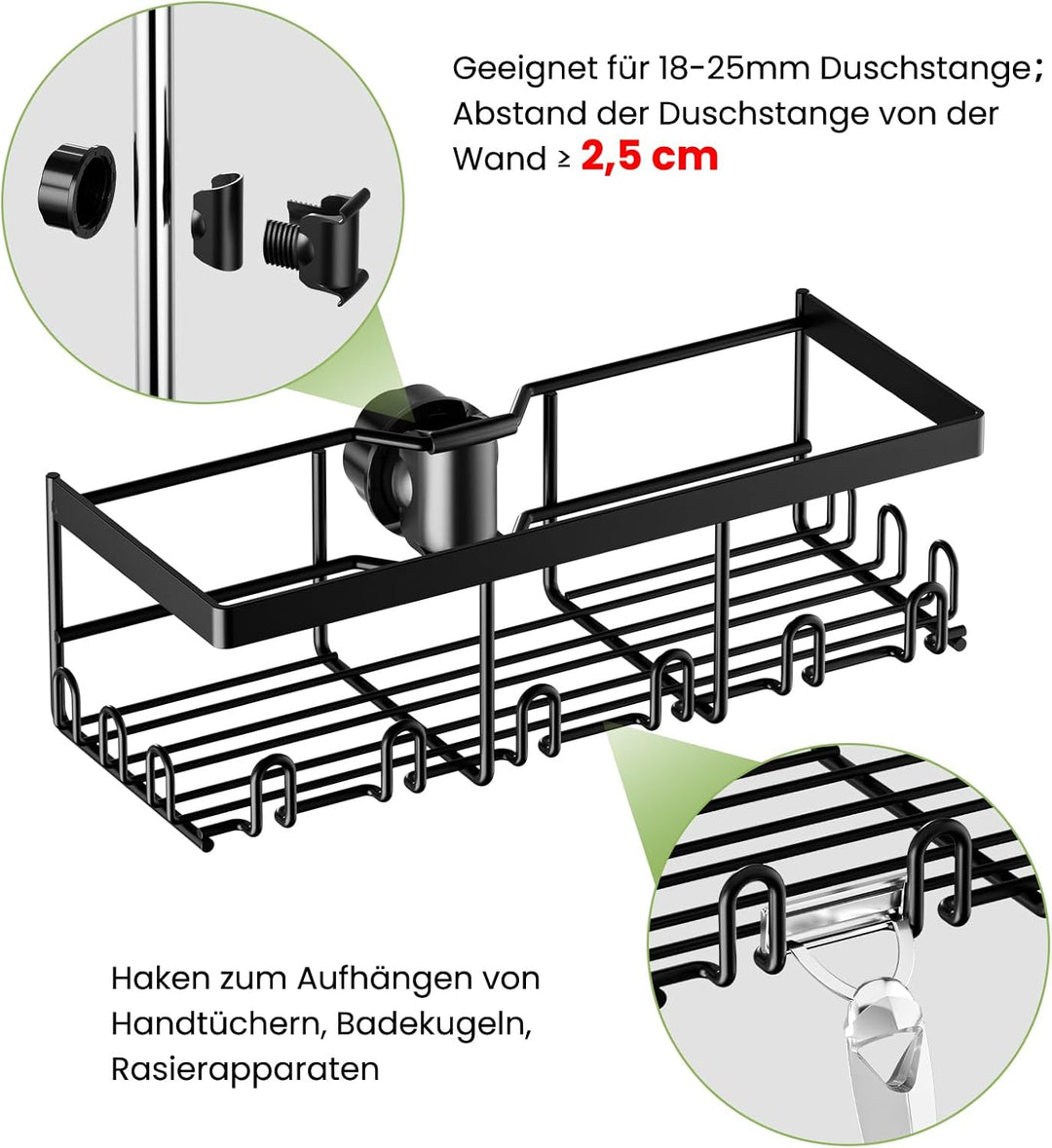 Duschablage Ohne Bohren, Duschregal Edelstahl für 18 mm-25 mm Duschstange, Shampoo Halterung für Dus