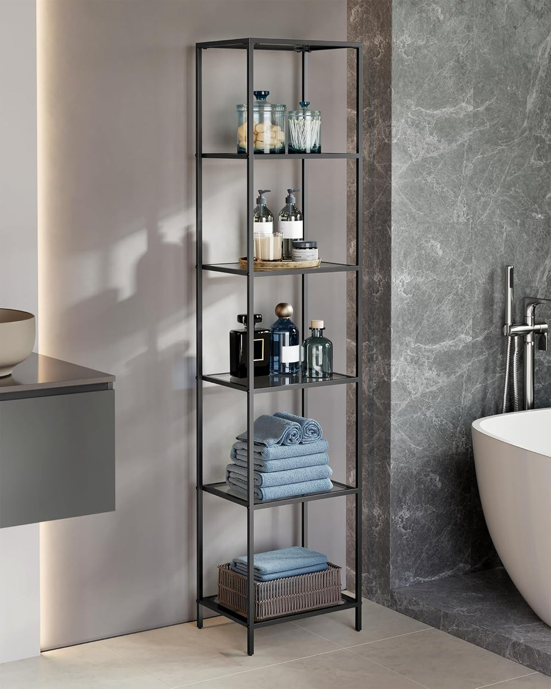 VASAGLE Badregal mit 6 Ablagen, gehärtetes Glas, einfache Montage für Badezimmer, Wohnzimmer, Küche,