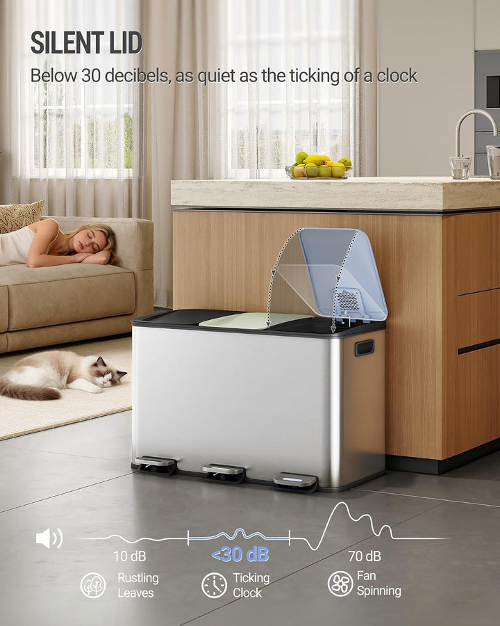 Hzuaneri Mülleimer Küche, 3 x 15 L, Mülltrennsystem 3 Fächer, Mülleimer mit Farbigem Soft-Close-Deck