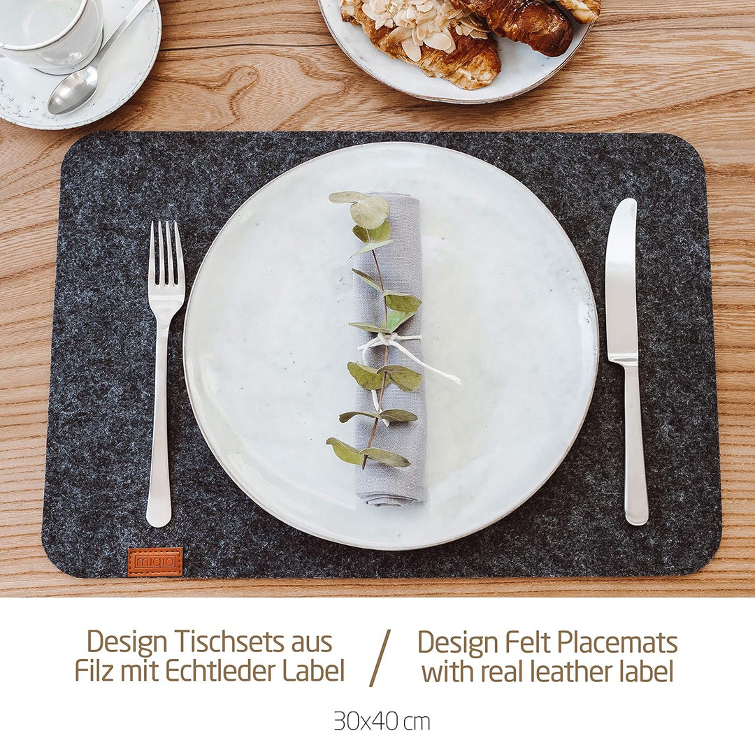 Miqio® - Design Tischset aus Filz | Marken Label aus echtem Leder | 6er Set Platzset (beige) abwasch
