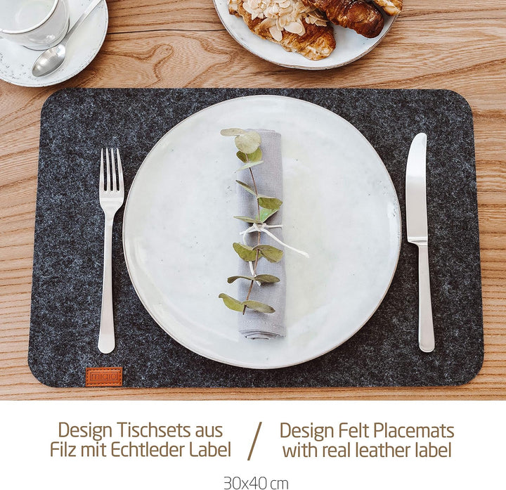 Miqio® - Design Tischset aus Filz | Marken Label aus echtem Leder | 6er Set Platzset (beige) abwasch
