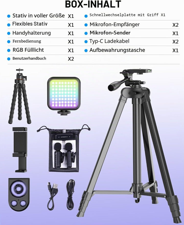 Vlogging Kit für iPhone/Android, YouTube Starter Kit mit kabellosem Mikrofon/Kamerastativ/Flexibles