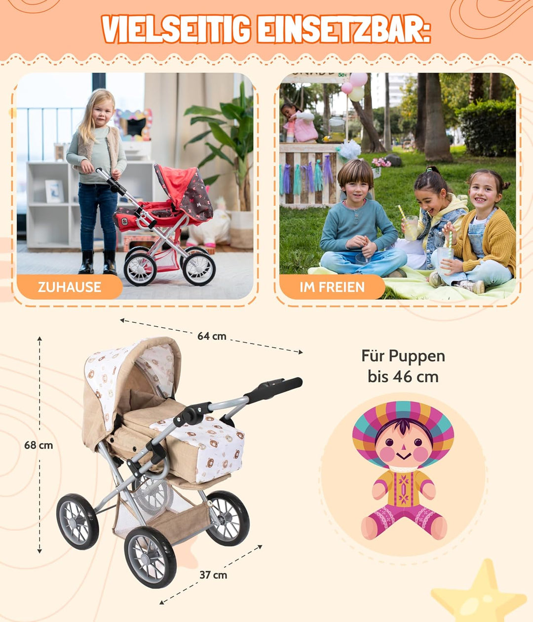 Bayer Chic 2000 - Puppenwagen Leni, 2in1 Kombipuppenwagen mit herausnehmbarer Tragetasche, Kinderwag