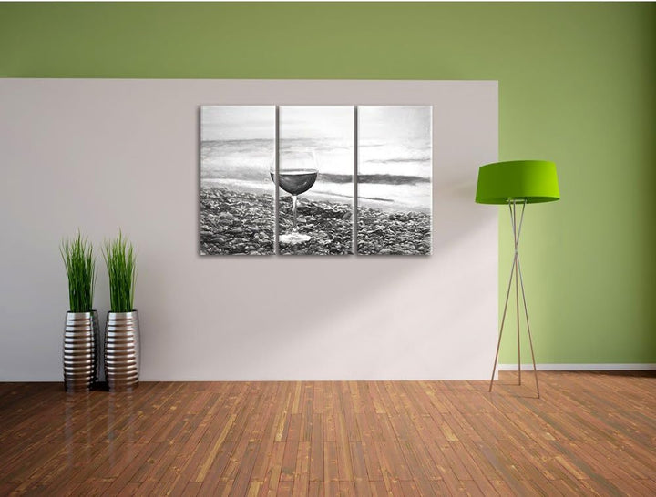 Pixxprint Weinglas am Strand als Leinwandbild/Grösse: 3 Teilig (120x80 cm) cm/Wandbild/Kunstdruck/fe