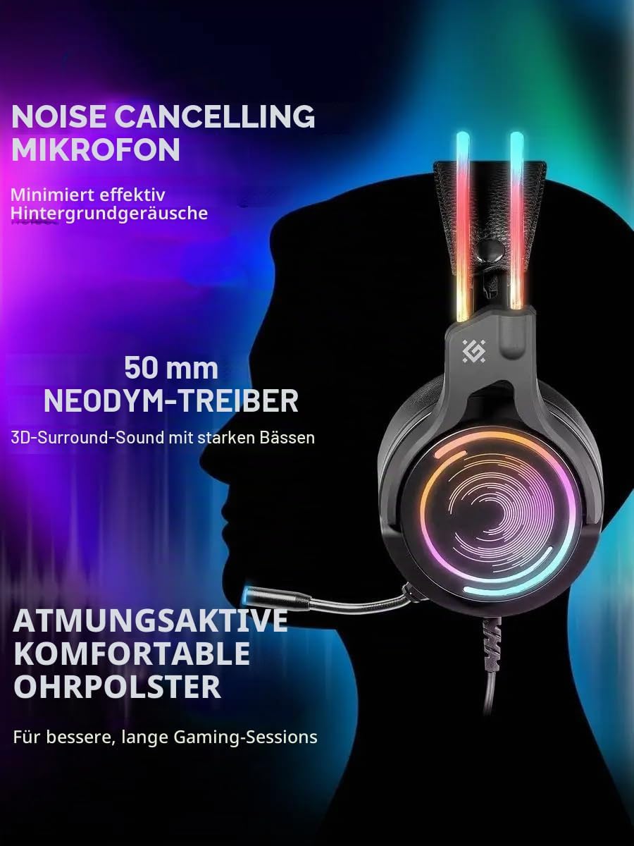 Defender® Gaming Headset, 7.1 Surround Sound, Gaming Kopfhörer PC mit Kabel für PS4, Laptop, Over-Ea