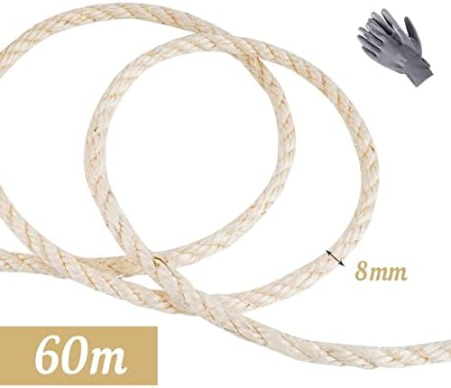 ilauke 60M Sisalseil für Kratzbaum 8mm, 100% Natur Sisal Seil mit Handschuhe, Weiss Hanfseil Sisal S