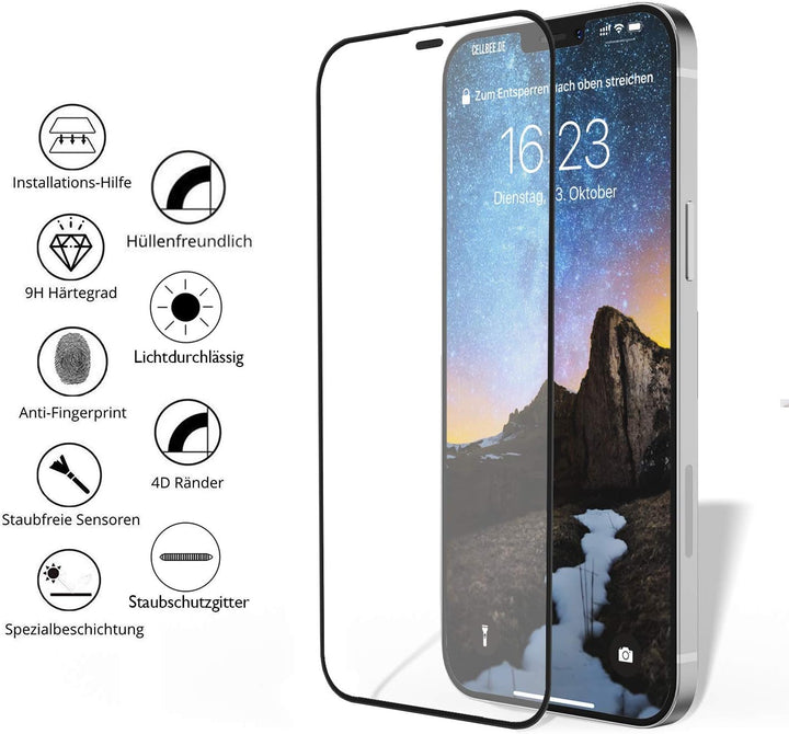 CELLBEE Kompatibel mit iPhone 12 12 Pro Displayschutzfolie The Curved, inkl. Applikator, Hörmuschel-
