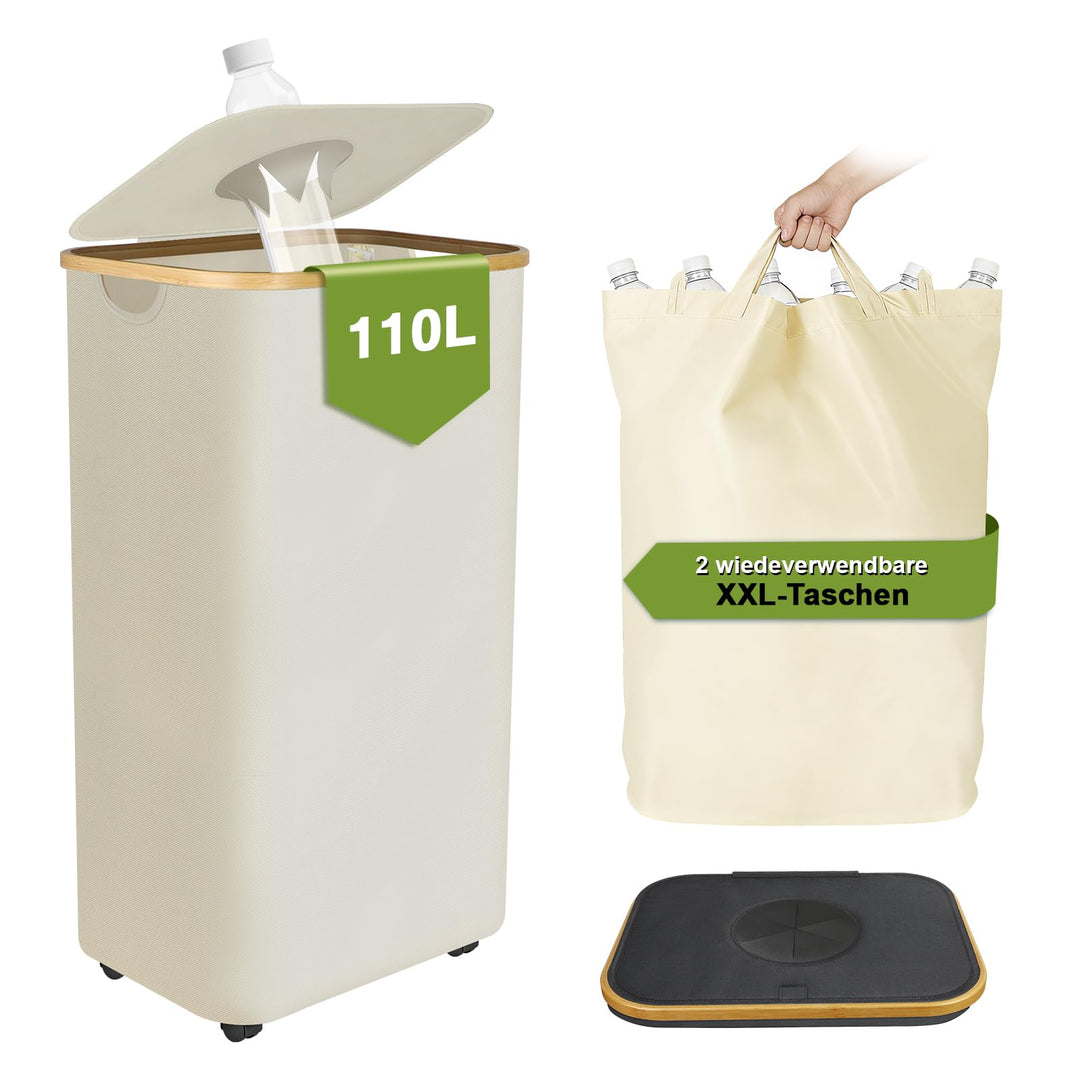 Pfandflaschen Sammelbehälter 110L, Gross Pfandflaschen Behälter mit 2 Tragetaschen und Deckel, Faltb