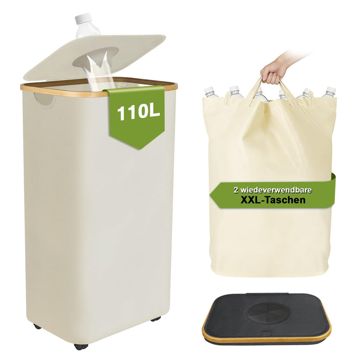 Pfandflaschen Sammelbehälter 110L, Gross Pfandflaschen Behälter mit 2 Tragetaschen und Deckel, Faltb