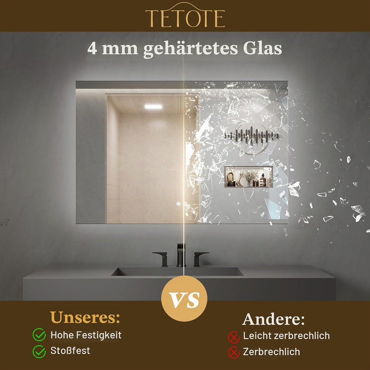 TETOTE Badspiegel mit Beleuchtung 70x90cm, Rechteckiger LED Badezimmerspiegel ohne Rahmen, Wandspieg