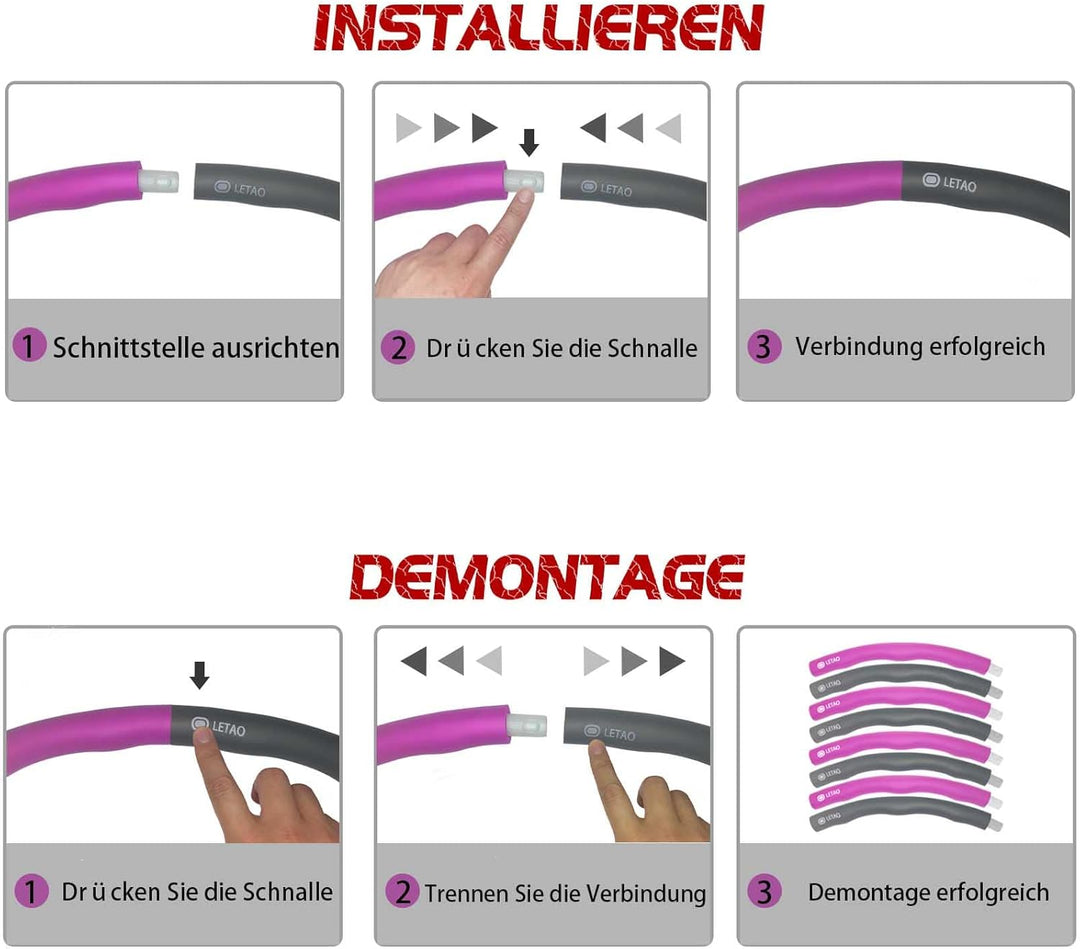 LETAO Hula Hoop Reifen Kinder von 8-15 Jahren | Rosa-Grau Hula Hoop Reifen Kinder, Zerlegbar, inklus