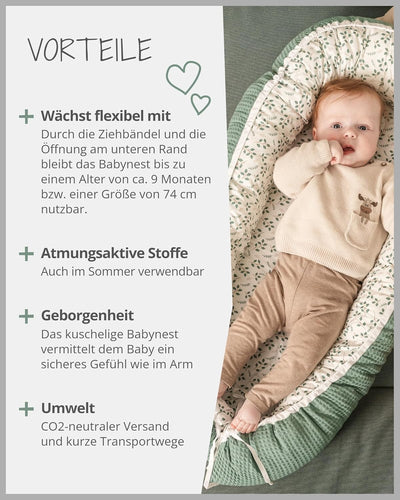 ULLENBOOM ® Babynest & Kuschelnest (55x95 cm) Floral-Grün (Made in EU) - Babynestchen für Neugeboren