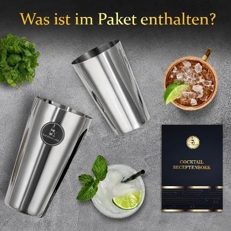 Cocktail-Set Silber 13-teilig - Cocktail-Shaker Set mit Jigger - Boston Shaker Inkl. Rezeptbuch und
