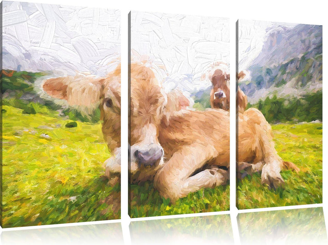 Pixxprint Almkuh in den Bergen Kunst als Leinwandbild/Grösse: 3 Teilig (120x80 cm) cm/Wandbild/Kunst