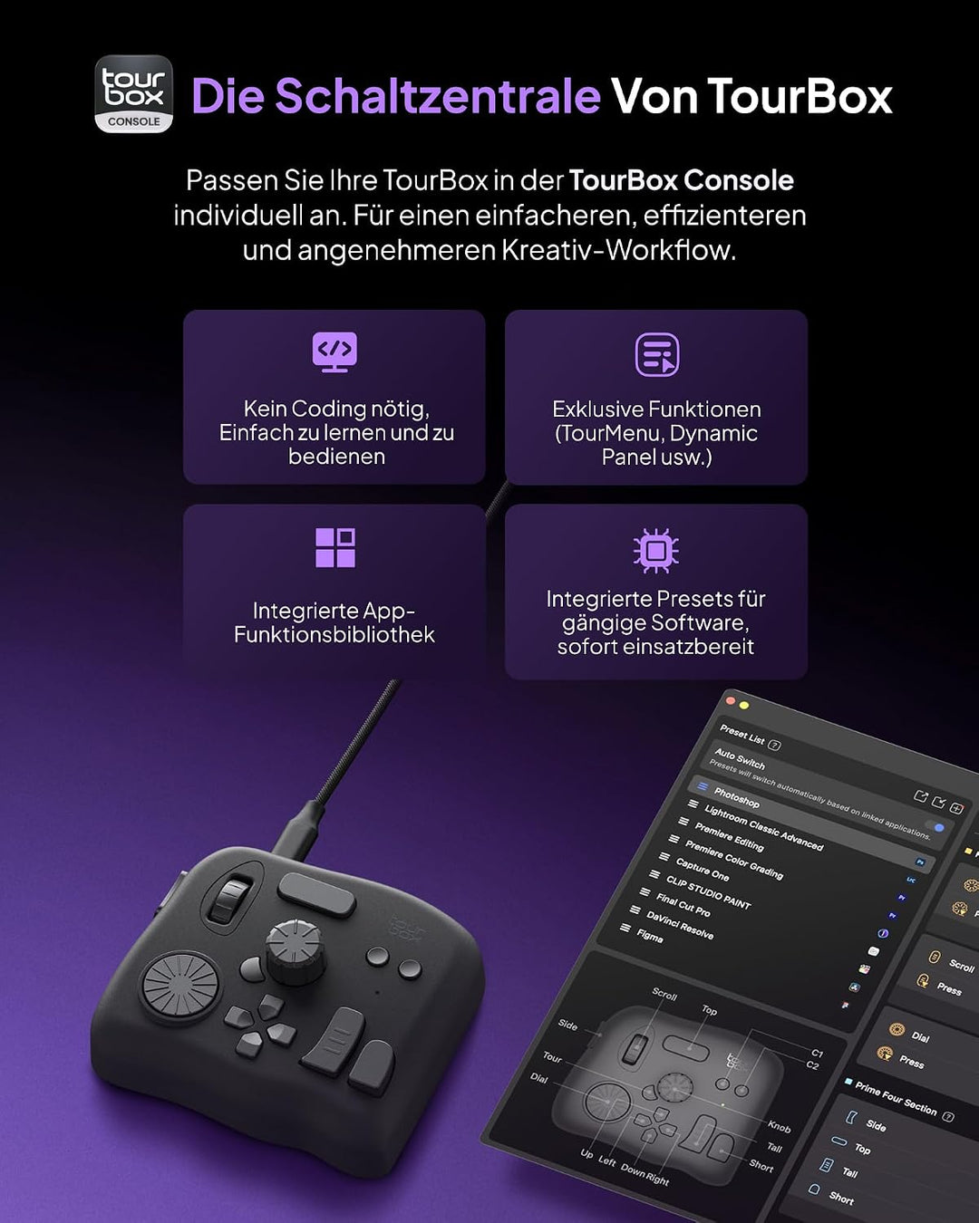 TourBox NEO, Editing Controller für Foto- & Videobearbeitung, Ilustration, Videoschnitt Tastatur, Ma