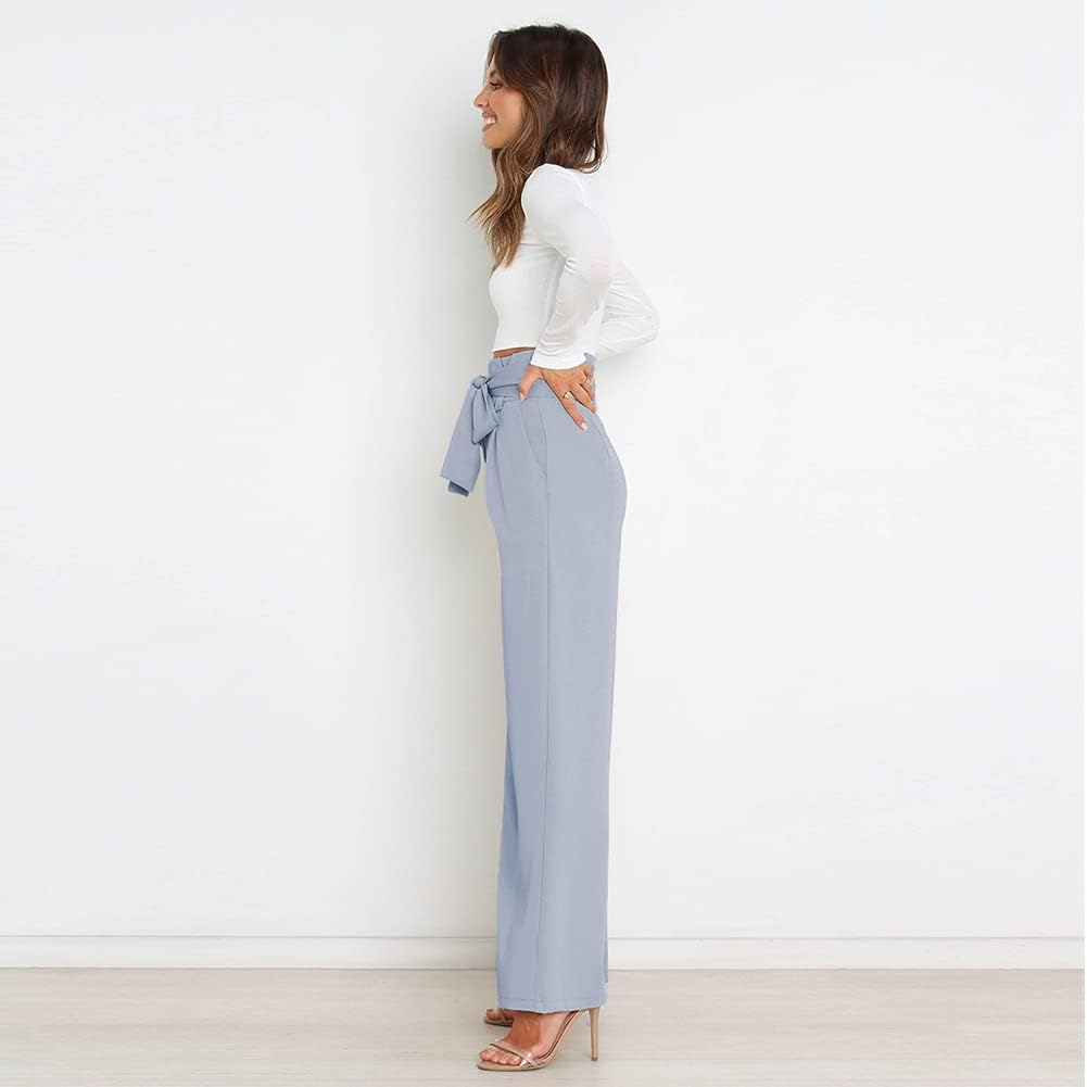Odizli Damen Elegant High Waist Lang Weite Hose Sommer Business Festlich Anzughose mit Gürtel L Blau