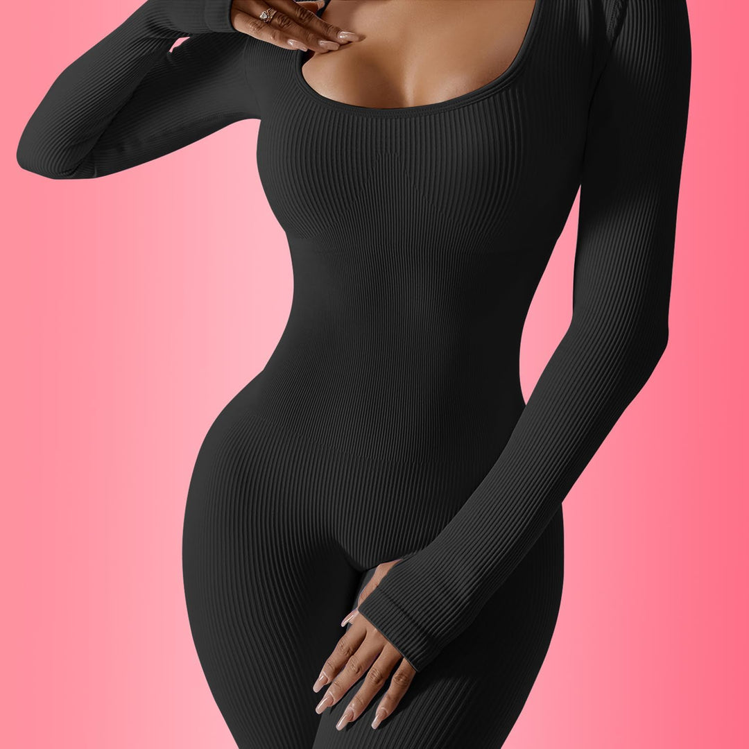JN JANPRINT Jumpsuit Damen Sport Bodysuit Gerippte Lang Eng Yoga Bodycon Overall Stretch Langarm Str