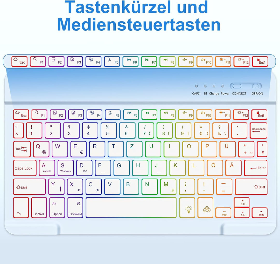 MMK Bluetooth-Tastatur, Deutsches QWERTZ-Layout mit 7-Farbiger Hintergrundbeleuchtung, Mini Wireless