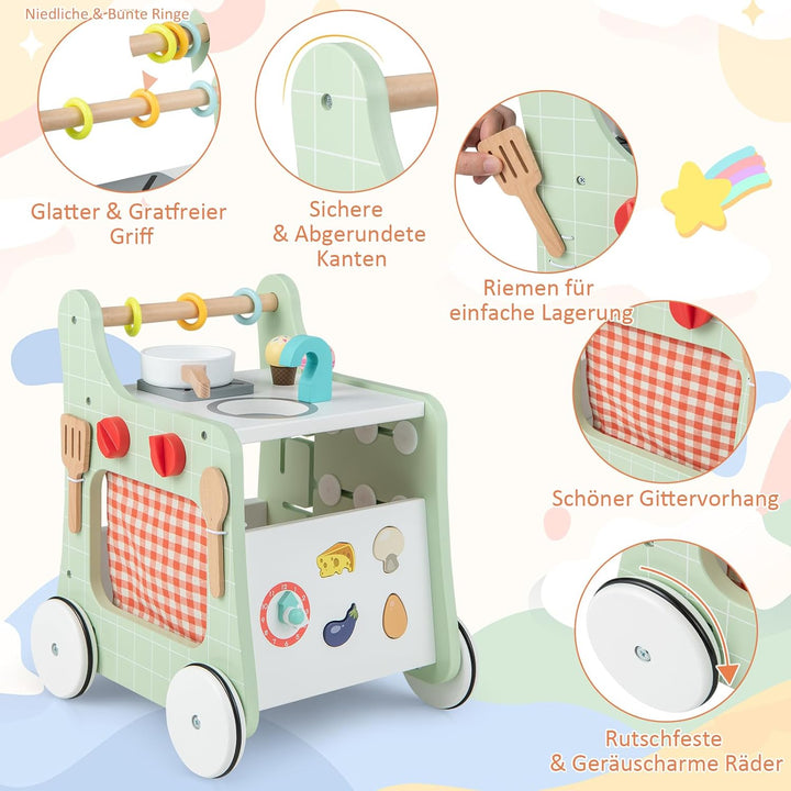 DREAMADE Lauflernwagen Holz, 6-in-1 hölzerne Lauflernhilfe, Baby Walker mit Blöcken & 9 Teilen Zubeh