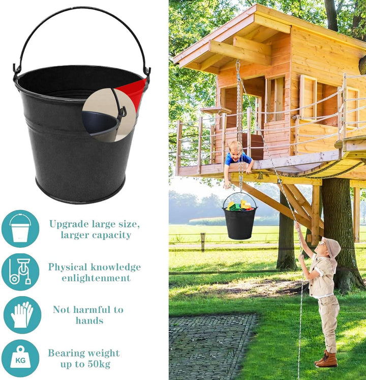 Flaschenzug Kinder,Zubehör fürs Baumhaus Spielturm,Flaschenzug mit Eimer,Flaschenzug mit Metalleimer