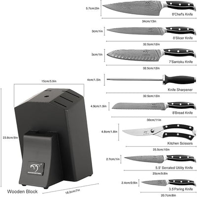 Professionelles Japanisches Damaszener Stahl Küchenmesser Set 9 Teile mit Holzblock, beinhaltet Koch
