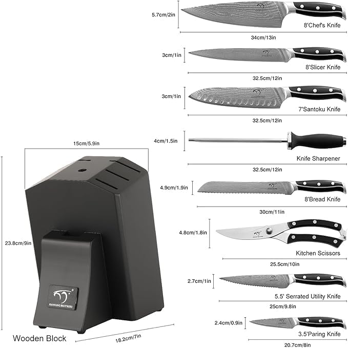 Professionelles Japanisches Damaszener Stahl Küchenmesser Set 9 Teile mit Holzblock, beinhaltet Koch
