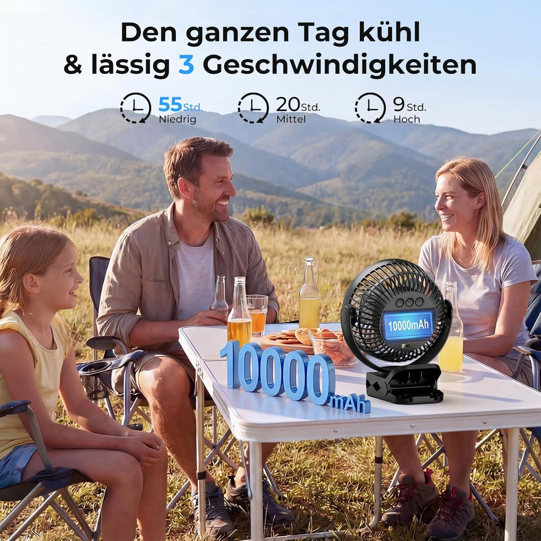 Sumairs 14cm Akku Ventilator,10000mAh Camping Ventilator zum Klemmen,Fernbedienung,LED-Licht,Powerba