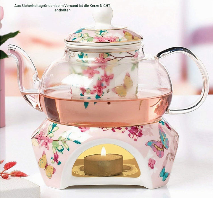 YBK Tech Teekanne mit Stövchen und Teesieb aus feinem Porzellan und Glas (Rosa (Schmetterlingenmuste