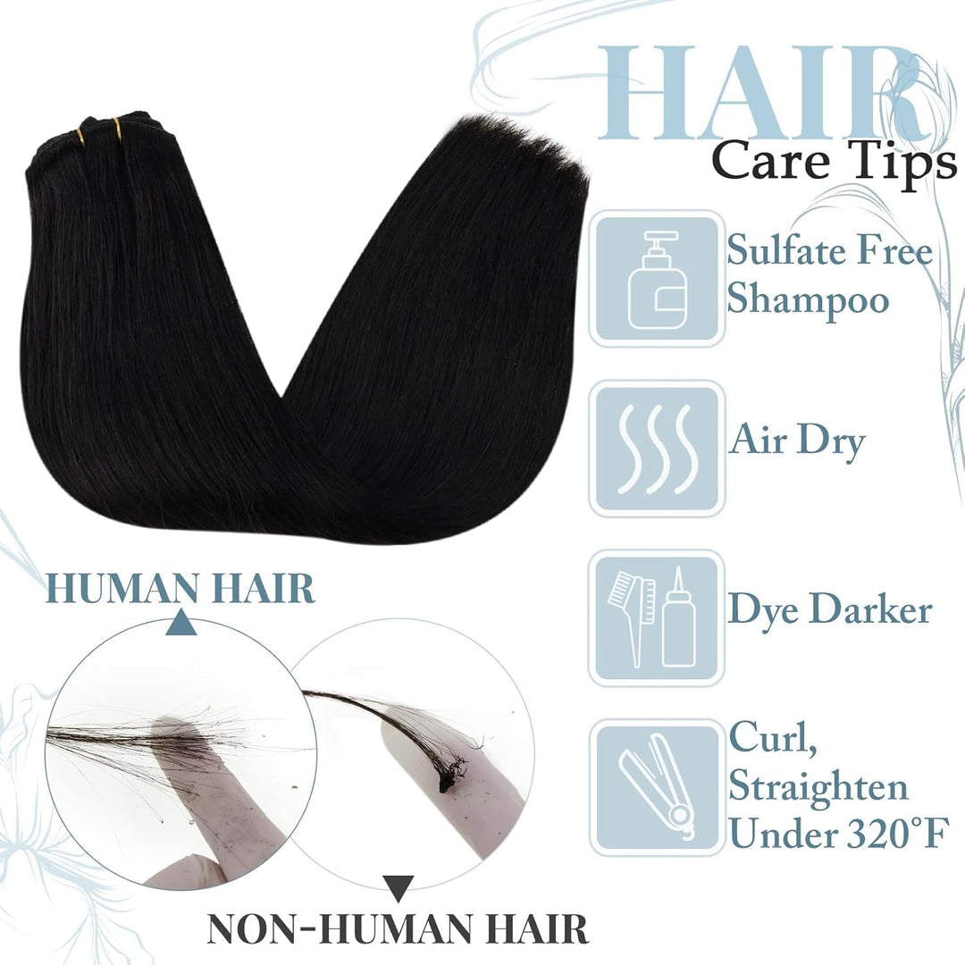 RUNATURE Echthaar Extensions Clip in Aus Schwarz 35cm Haarverlangerung Echthaar Clip in Glatt Haar E