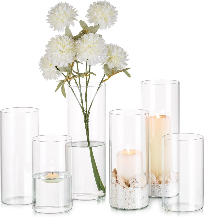 Glasseam Zylinder Vase Glas Klar, Blumenvase Modern Vasen Deko 6 Stück, 15/20/25cm Hoch Tulpenvase Z