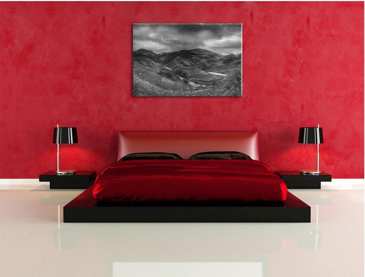 Pixxprint eine Berg Farm in Asien Kunst Kohle Effekt, Format: 100x70 auf Leinwand, XXL riesige Bilde