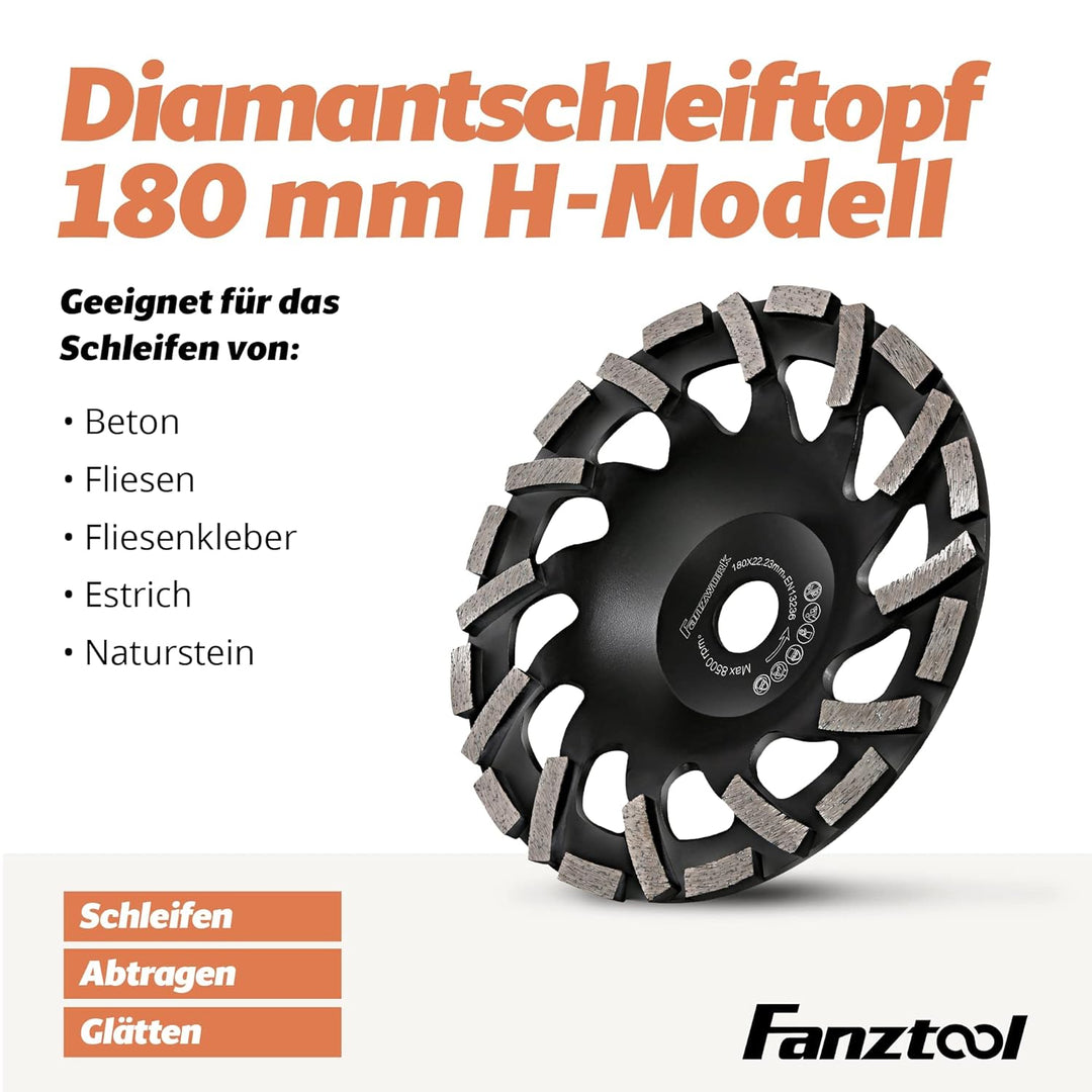 FANZTOOL Premium Diamant Schleiftopf Abrasiv 180 mm x 22,2 mm Schleifteller für abrasive Baustoffe,