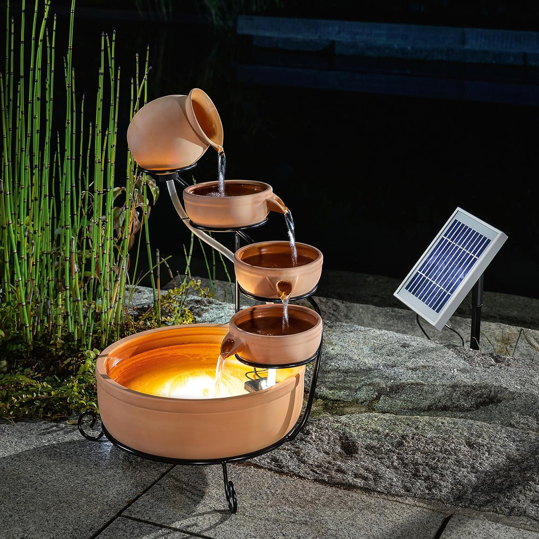 Solar Kaskadenbrunnen Terrakotta mit Akkuspeicher und LED Licht - grosses 2 Watt Solarmodul - versch