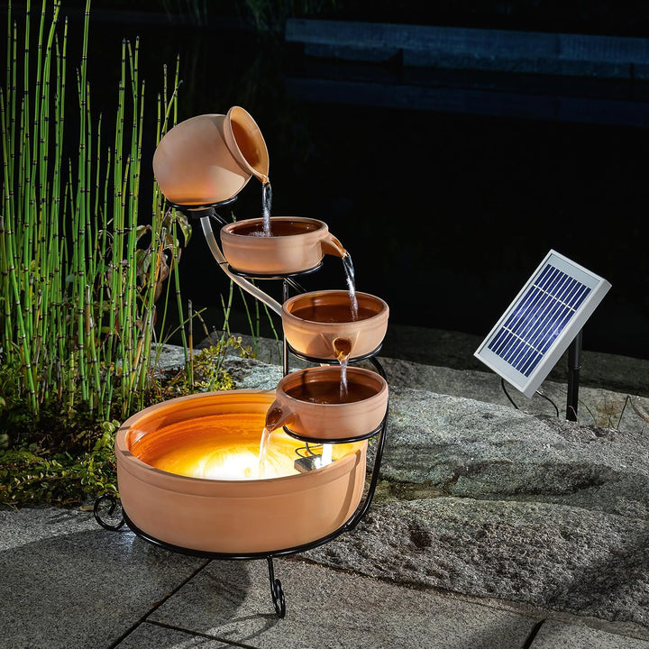 Solar Kaskadenbrunnen Terrakotta mit Akkuspeicher und LED Licht - grosses 2 Watt Solarmodul - versch