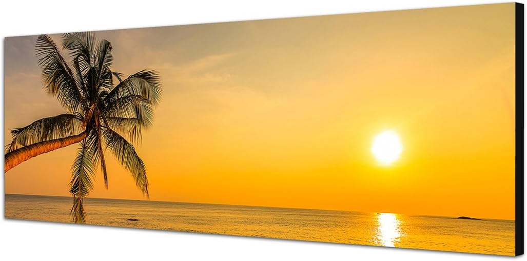 Panoramabild auf Leinwand und Keilrahmen 150x50cm Strand Meer Palme Sonnenuntergang