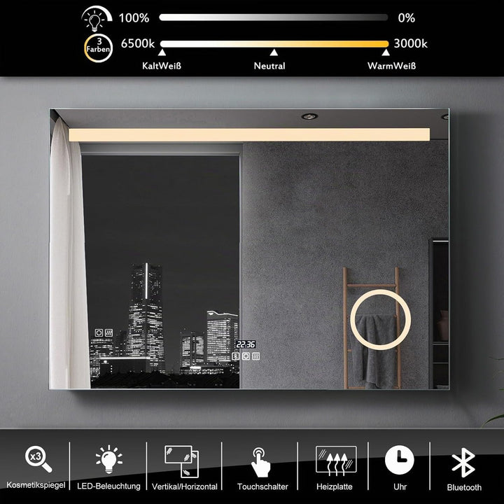 LED Badspiegel mit Beleuchtung 80x60 cm, Bad Spiegel Gross badezimmerspiegel mit Steckdose + Uhr und