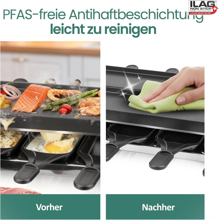 EMERIO Raclette mit wertigen Druckguss-Platten | Gerät klappbar | 2x 40,6x10cm PFAS-freie Antihaftbe