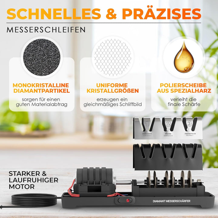 AUSTEIN® Diamant Messerschärfer elektrisch TG2202 - Der 3 Phasen Messerschleifer mit 20 Grad und mag