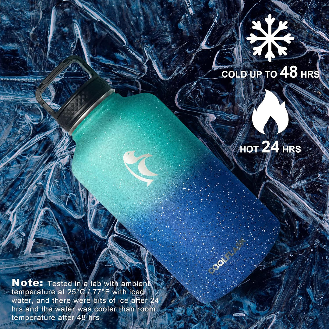 Coolflask Isolierte Wasserflasche 2L, Halbe Gallone Wasserkrug mit Strohhalm & 3 Deckeln, Grosse Iso