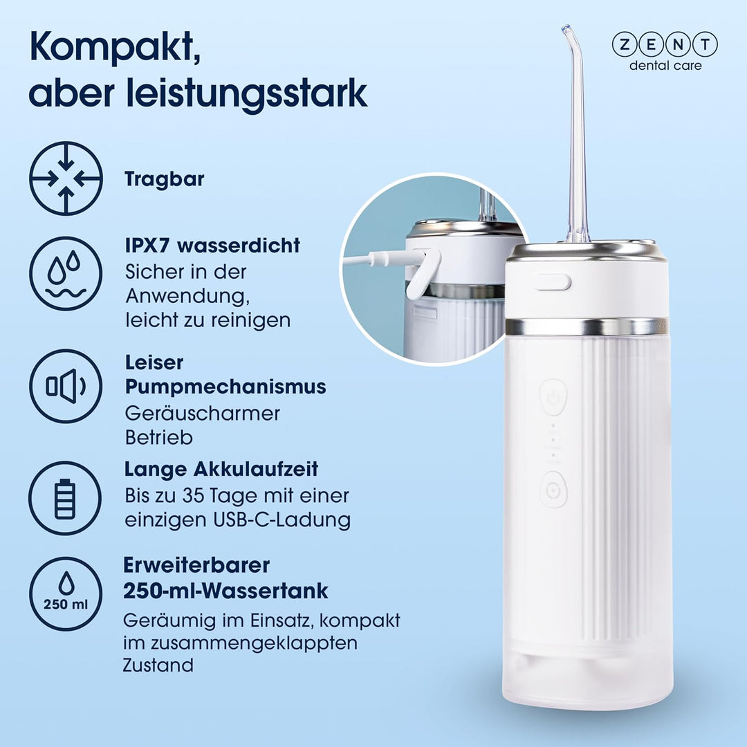 ZENT Stream+ Munddusche kabellos, Water flosser für Reise, Erweiterte 360°-Rotationstechnologie, 3 S