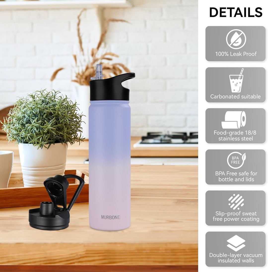 Edelstahl Trinkflasche 750ml (+2 Deckel)-mit Strohhalm,BPA frei,Thermosflasche Auslaufsicher,Kohlens