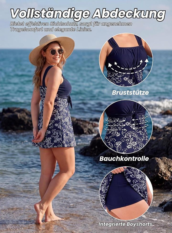 Wantdo Damen Badeanzüge Sommer Bauchweg Tankini Bademode mit Bügel Badekleid Einteiler Schlanke Stra