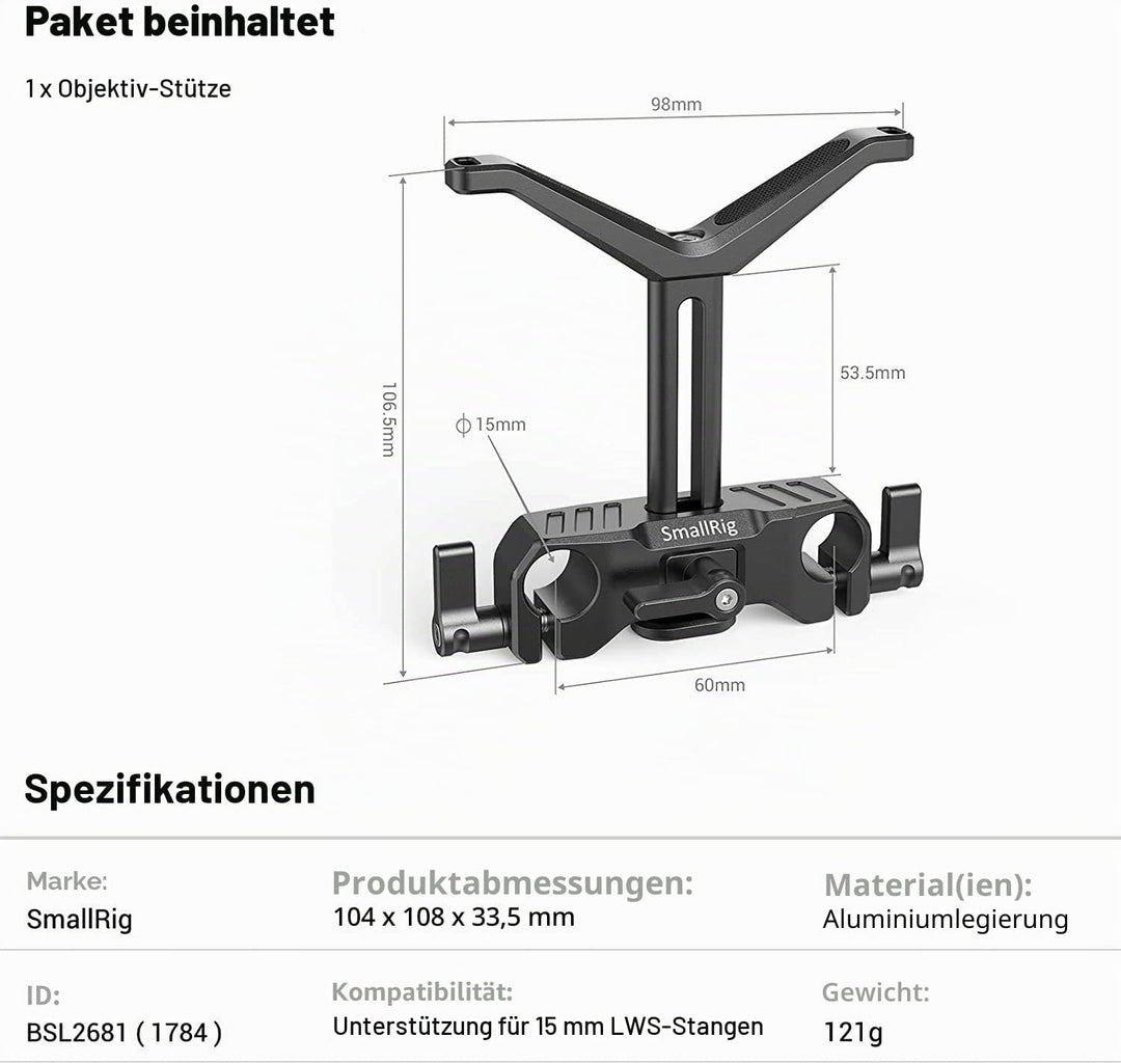SMALLRIG 15mm LWS Linsenunterstützung für Langes Objektiv - BSL2681 53.5mm, 53.5mm